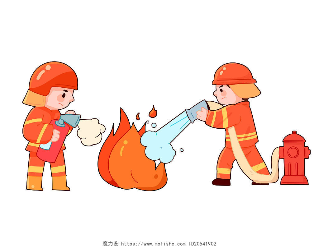 手绘卡通消防员灭火人物元素消防消防安全